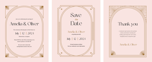 Art Deco Wedding and Save the Date minimalist collection. Elegant luxury invitation template designs