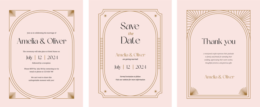 Art Deco Wedding and Save the Date minimalist collection. Elegant luxury invitation template designs