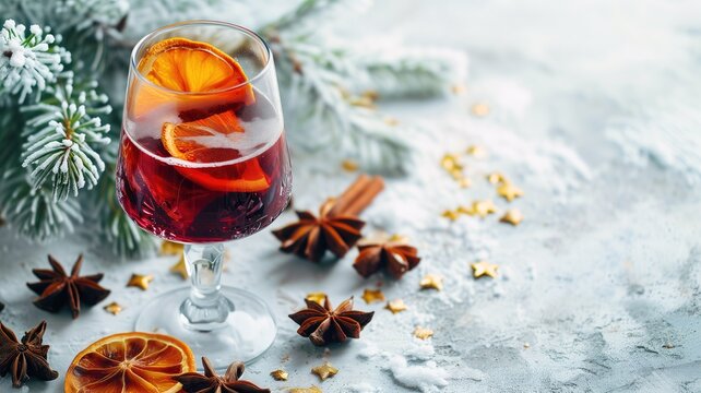Mulled wine with orange and spices by frosty pine branches