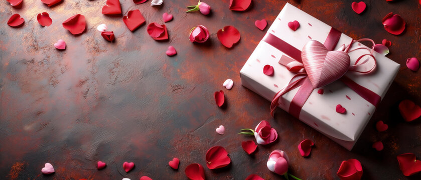 White Gift Box With Pink Ribbon and Rose Petals for Valentine. Love concept.