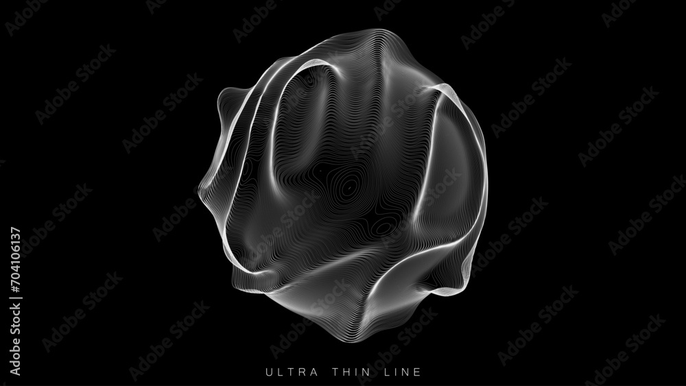 Poster ultra thin line fluid geometry. dynamic vector distorted spheres.