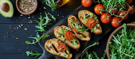 Top view of grilled bread slices, fresh herbs, avocado, arugula, cherry tomatoes, sunflower seeds on black wooden backdrop with green salad.