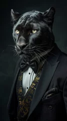 Foto op Plexiglas Black panther dressed in an elegant suit, standing as a confident leader and a powerful businessman. Fashion portrait of an anthropomorphic animal posing with a charismatic human attitude © mozZz