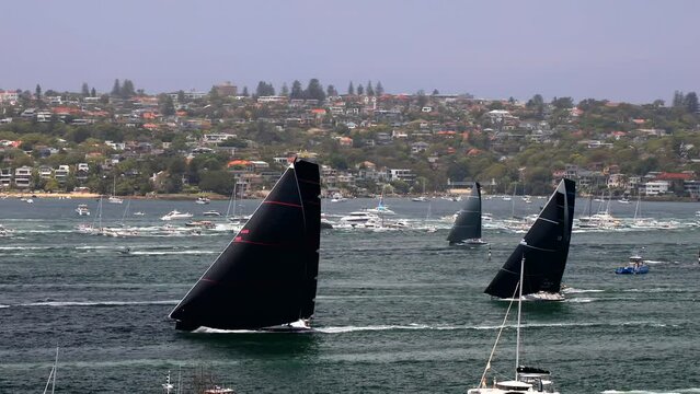Start line on Sydney Harbour for sail yachts to Hobart in yacht race Australia as 4k.
