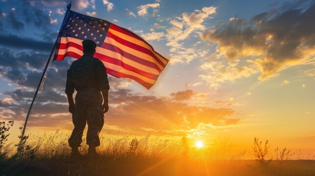 Soldier and USA flag on sunrise background .Concept National holidays , Flag Day, Veterans Day, Memorial Day, Independence Day, Patriot Day.
