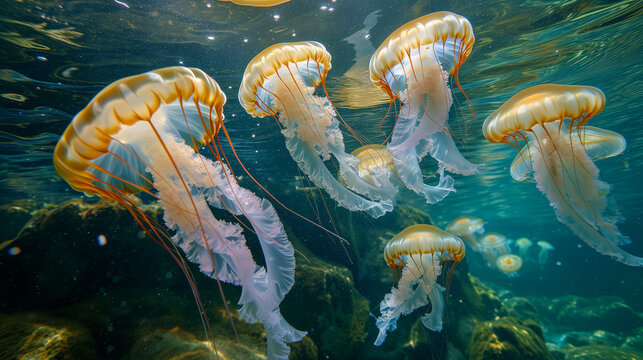 Groupe de méduse oranges nageant près de la surface