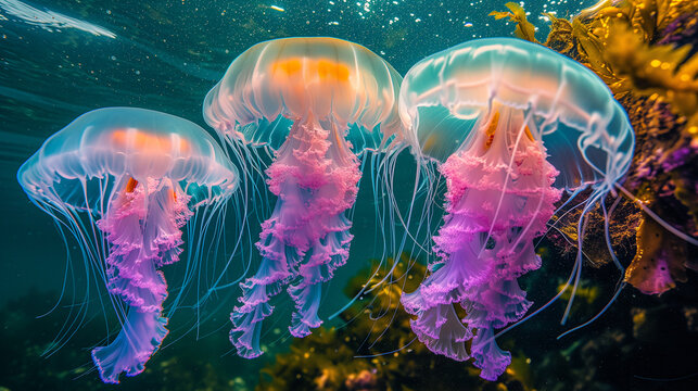 Groupe de méduse colorées nageant près de la surface