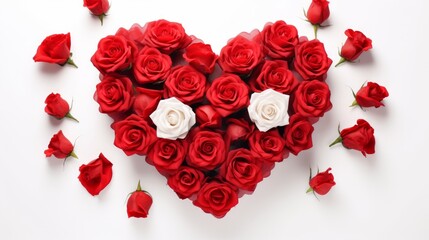 Floral Heart. Red and white roses arranged in heart shape on a white background. Ideal for Valentines Day, anniversaries, or romantic occasions.