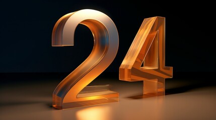 Shiny golden volumetric numbers 24 on a dark background, illuminated and casting a soft glow. Ideal for promotions, anniversaries or special dates.