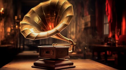 Gramophone with golden horn on blurred background of living room. Can be used in article, blog,...