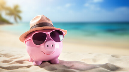 pink piggy bank with travel sunglasses on the beach - savings concept for relaxing on vacation