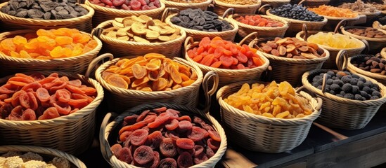Dried fruit baskets with prices available at the market.