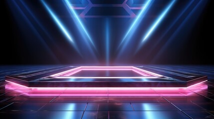 Electrifying stage: mesmerizing scenes LED panels, holographic displays, laser lights, ample copy space, dynamic banners, creating visual symphony for immersive events and cutting-edge presentations.