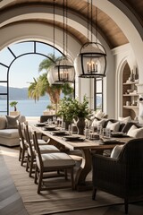 Fototapeta premium Luxury modern coastal dining room with ocean view