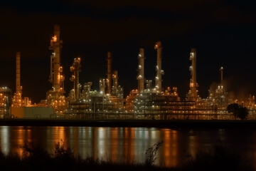 Fototapeta premium Oil refinery plant. Processing factory. Oil crude and gas refineries. Louisiana petrochemical plant Smoking chimneys. Toxic Smoke, Air Pollution, CO2 Crisis. Carbon dioxide emissions. Carbide plant.