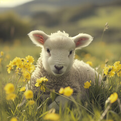 Lamb sitting in grass, baby sheep during lambing season, springtime