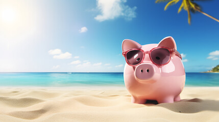 Piggy bank in pink, with beach sunglasses next to the shore - savings concept for a relaxing vacation