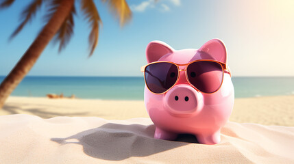 Piggy bank in pink with sunglasses on the beach shore - savings concept for a relaxed vacation