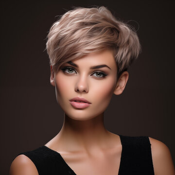 Portrait of a beautiful young woman with elegant short creative hairstyle and natural makeup.