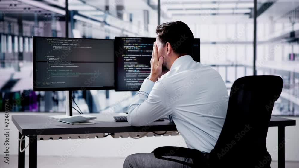 Aufkleber Unhappy Sad Developer Programmer Man In Stress Coding Software