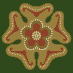 Naklejka premium Stylized flower with five petals. Medieval floral design. Botanical mandala. Red and gold ornament on green background.