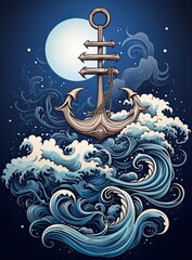 Mystical Anchor and Waves - Nautical Moonlit Night Illustration