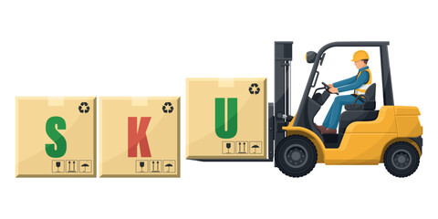 Industrial worker driving a forklift loading boxes. SKU, Stock Keeping Unit. Inventory management method for product rotation in warehouse. Cargo and shipping logistics. industrial storage