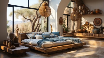 Modern bedroom interior with large windows and desert landscape view
