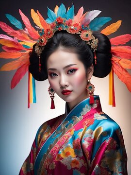 Chinese beautiful woman portrait in traditional colorful clothes