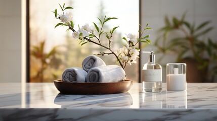 Still life with rolled towels and a flowering branch - obrazy, fototapety, plakaty