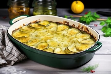 Bake chayote squash Au gratin, copy space, Vegetarian Vegetable casserole with zucchini,