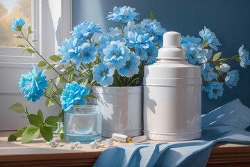 Composition with cosmetic products and blue flowers on windowsill in room