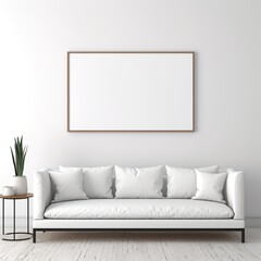 White sofa and a plant in front of a blank wall