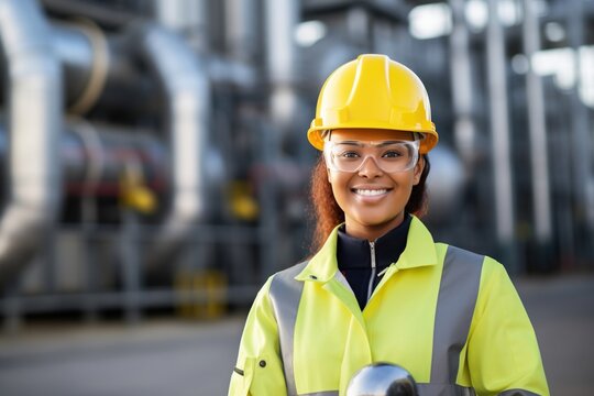 Portrait of a smiling female engineer wearing a hard hat and safety glasses at an industrial facility