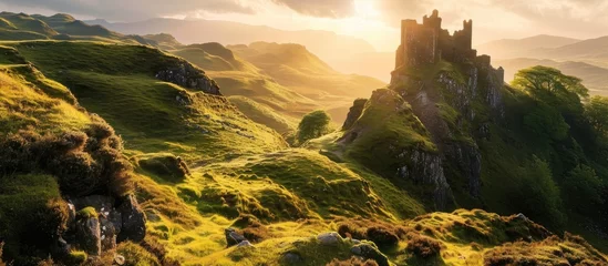 Foto op Canvas The Fairy Glen's Castle Ewan, a hilltop tourist spot on the Isle of Skye, Scotland, bathed in golden light during sunrise or sunset. © TheWaterMeloonProjec