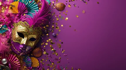 Poster Mardi gras holiday festival. Purple background and mask and confetti tinsel. Mardi gras New Orleans © megavectors