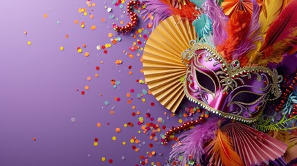 Mardi gras holiday festival. Purple background and mask and confetti tinsel. Mardi gras New Orleans