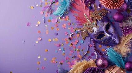 Mardi gras holiday festival. Purple background and mask and confetti tinsel. Mardi gras New Orleans - obrazy, fototapety, plakaty