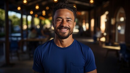 Obraz premium Close up portrait of young smiling handsome guy in blue t-shirt isolated on a background
