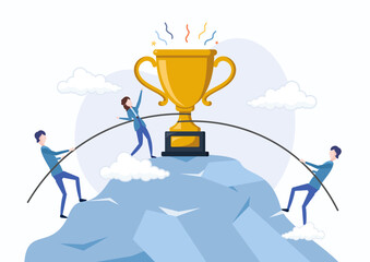 Climbing mountain with rope and achieving goals. trophy on the hill. leader already at top, motivate to success, award trophy, competitive. Strong business people making effort. 