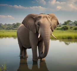 Fototapeta na wymiar An elephant in the water, walking towards to the camera
