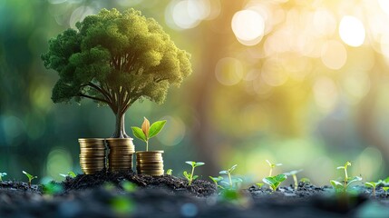 Endowment fund concept: Stacks of golden coins with big tree on blurred nature background - obrazy, fototapety, plakaty