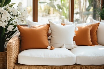 Woven Wicker Rattan Boho Chic Sofa With White and Burnt Orange Throw Pillows
