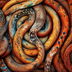 Background of many snakes intertwined together, different colors and shades of scales, unusual natural wallpaper 