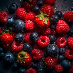 Appetizing fresh strawberries, raspberries and blueberries on a dark background with large drops of water, fruit background, healthy wholesome organic food