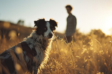 Border collie dog with his owner in the background