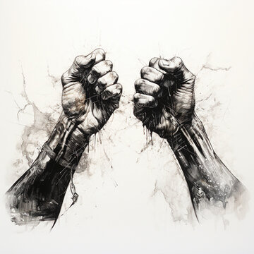 Quarrel, fight, struggle, fight, conflict. Two men's fists collide against a background of fire and flames 