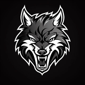Angry predatory wolf, logo, monochrome drawing, dog Icon, wolf symbol, angry wolf portrait, predator pictogram, for laser engraving, tatoo 
