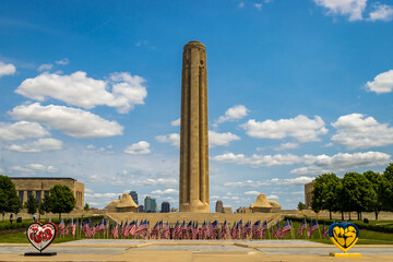 Liberty Memorial in Kansas City with American flags in the foreground