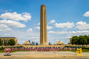 Liberty Memorial in Kansas City with American flags in the foreground